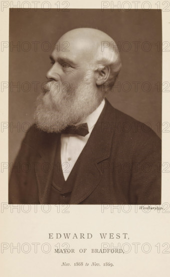 Portrait of Edward West, Edward West, mayor of Bradford, page, photomechanical print, inscription: