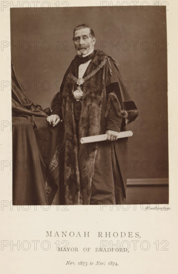 Portrait of Manoah Rhodes, Manoah Rhodes, mayor of Bradford, page, photomechanical print,