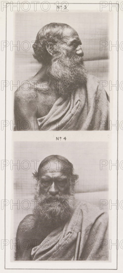 Two portraits of an old Todaman, page, photomechanical print, Above a profile photo, below a front
