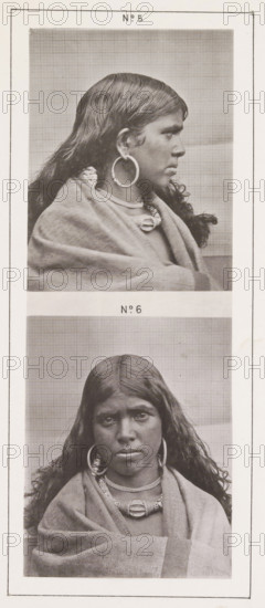 Two portraits of a Toda woman with earrings, page, photomechanical print, Above a profile photo,
