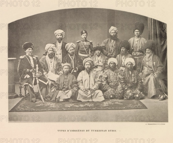 Group portrait of men from probably Uzbekistan, Types d'Indigènes du Turkestan Russe, page,