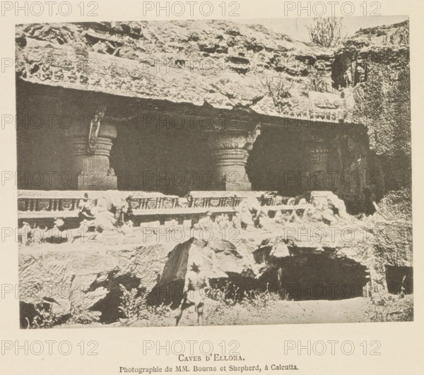 Caves d'Ellora, Exterior of an ornamented cave temple at Ellora, page, photomechanical print,