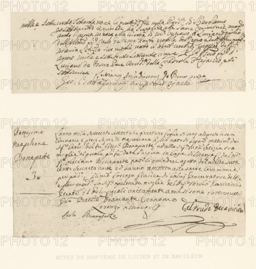 Actes de baptême de Lucien et de Napoléon, Two photo reproductions of the baptismal certificates of