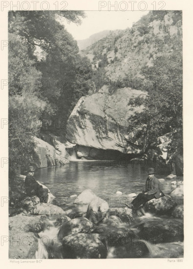 La Pentica, Two men before the Pentica Gorge in Corsica, page, photomechanical print, photographer: