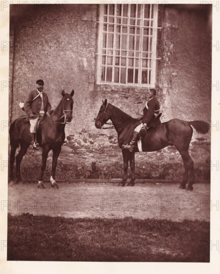 Two hunters on horseback, page, photomechanical print, photographer: Léon Cremière, France, cliché