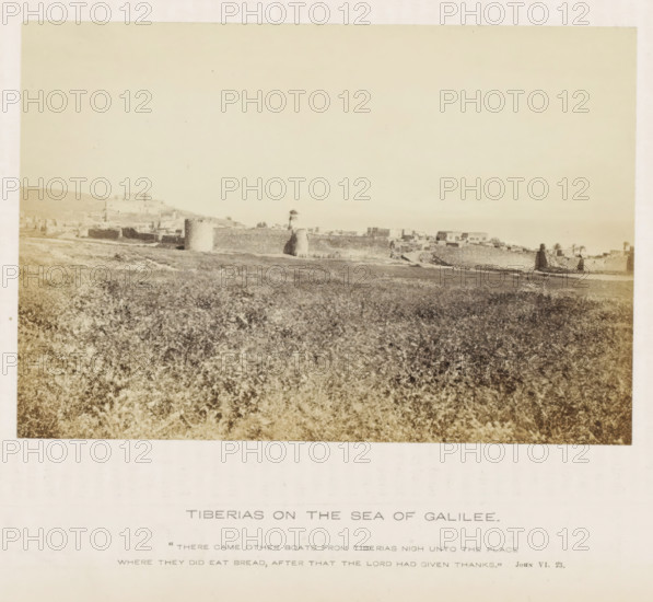 View of Tiberias in Israel, Tiberias on the sea of Galilee, photograph, page, inscription: ''There