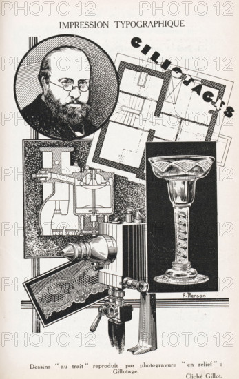 Impression Typographique, Photoreproduction of a drawing of a glass, lace, photographic apparatus