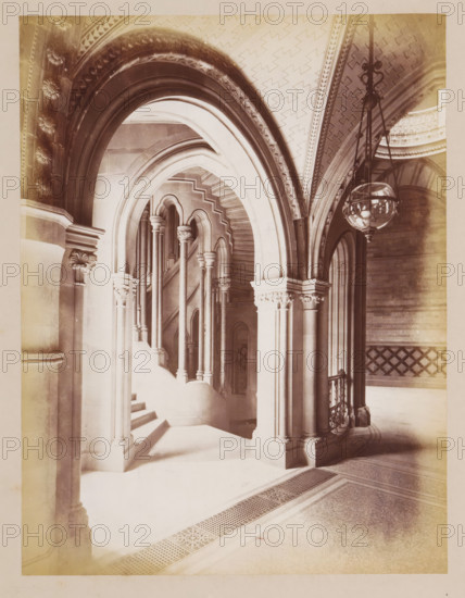 Staircase in Manchester Town Hall, photograph, page, title: 'The Circular Staircases',