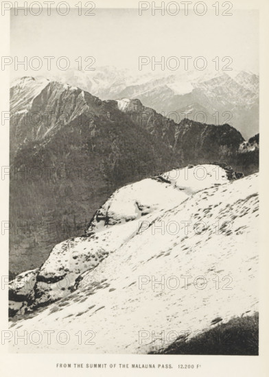 View from the summit of the Malana pass, Himachal Pradesh, India, page, photomechanical print,