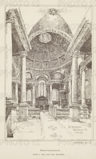 Photo reproduction of a drawing depicting an interior of Saint Stephen Walbrook, reproduction,