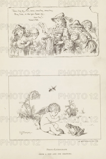 Two photoreproductions of drawings, depicting a street vendor and a putto with a frog,