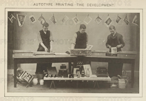Process of developing what is believed to be a carbon print demonstrated by three men, Autotype