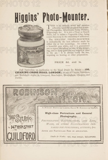 Higgins' Photo-Mounter, Pot of Higgin's adhesive for mounting photos, page, photomechanical print,