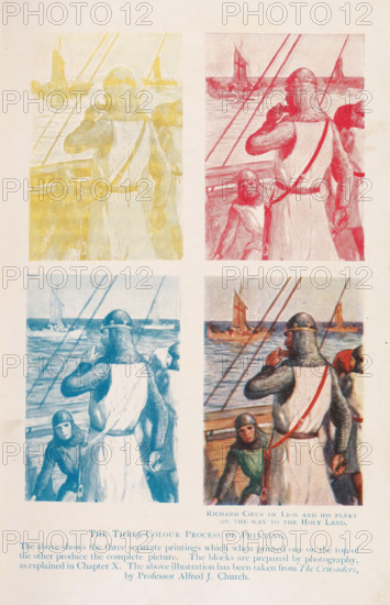 Four photo reproductions of a print depicted in different colours, depicting Richard I the