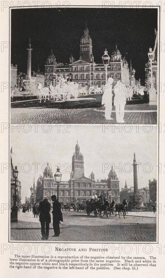 Negative and positive, Negative and positive image of a street scene with an obelisk on a square