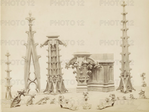Decorative motifs in copper for Notre-Dame in Rouen, for example gargoyles and leaf motifs,