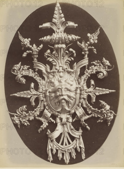 Decorative lead shield with a lion's head and leaf motifs, Cartonche en plomb repoussé an marteau,