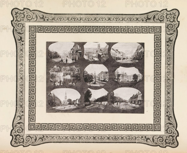 Nine views of West Dorset town streets, page, photomechanical print, photomontage, inscription: