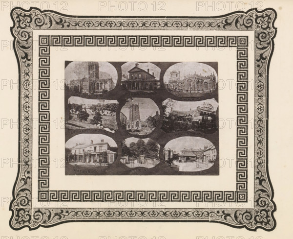 Nine views of buildings in West Dorset, page, photomechanical print, photomontage, inscription: