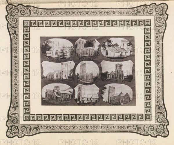 Nine views of churches in West Dorset, page, photomechanical print, photomontage, inscription: