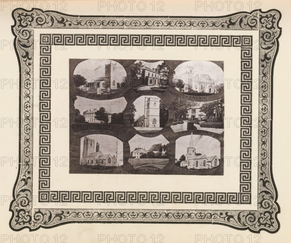 Nine views of churches in West Dorset, page, photomechanical print, photomontage, inscription: