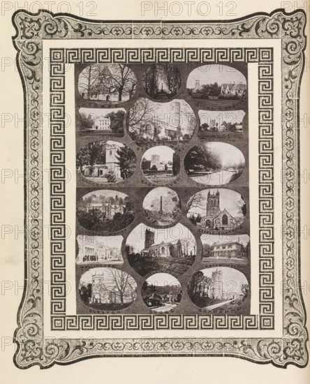 Eighteen views of churches and buildings in West Dorset, page, photomechanical print, photomontage,
