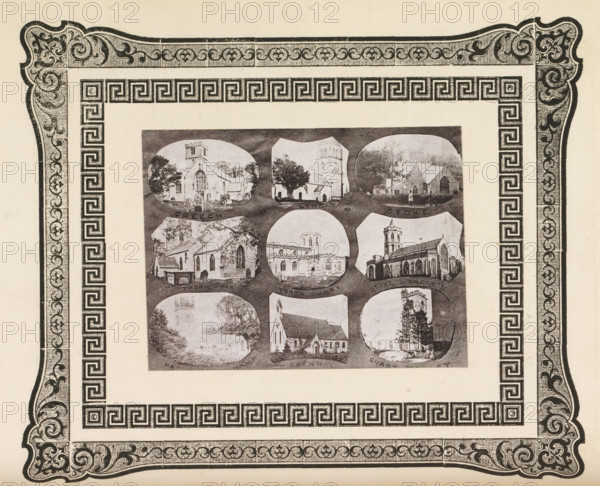 Nine views of churches in West Dorset, page, photomechanical print, photomontage, inscription: