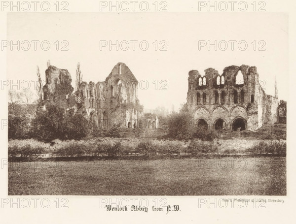Wenlock Abbey from NW, View of the ruins of Wenlock Priory, page, photomechanical print,