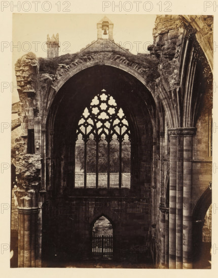 Interior with a view of a window of the ruins of Melrose Abbey, photograph, page, number: '(No. 5