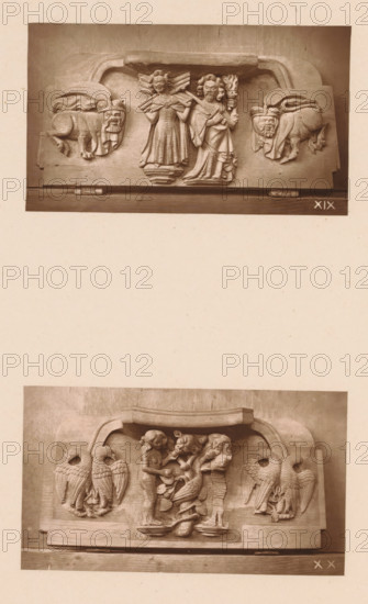 Two woodcarvings in Worcester Cathedral, page, photomechanical print, Above a woman and a man with