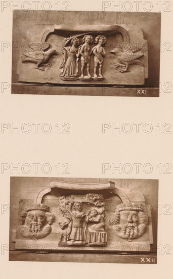 Two carvings in Worcester Cathedral, page, photomechanical print, Above an angel chases Adam and