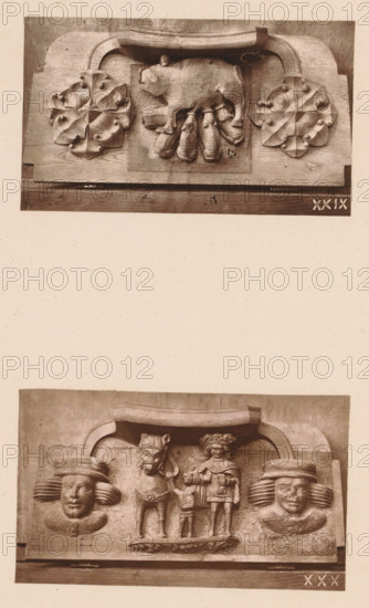 Two woodcarvings in Worcester Cathedral, page, photomechanical print, Above a suckling pig between