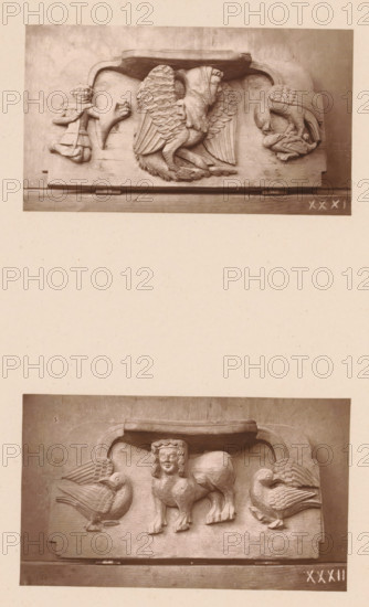 Two carvings in Worcester Cathedral, page, photomechanical print, Above a mythical creature between