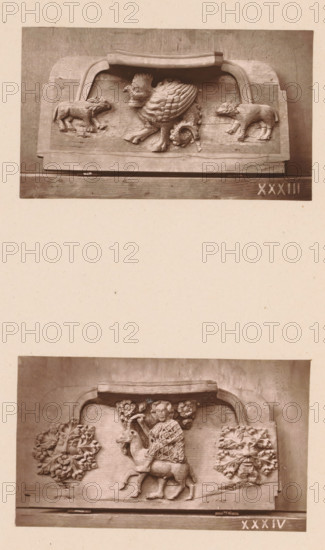 Two woodcarvings in Worcester Cathedral, page, photomechanical print, Above a basilisk between