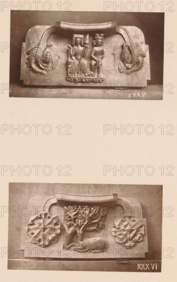 Two wood carvings in Worcester Cathedral, page, photomechanical print, Above a spinning woman and