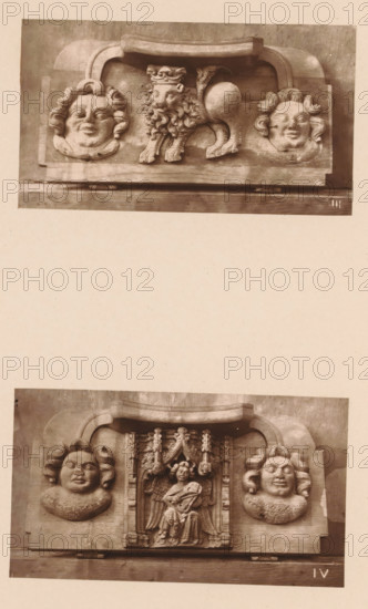 Two woodcarvings in Worcester Cathedral, page, photomechanical print, Above a crowned lion between