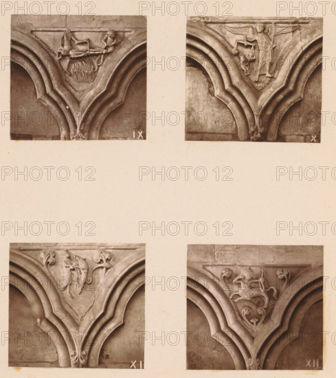 Four woodcarvings in an arcade of Worcester Cathedral, page, photomechanical print, Top left a