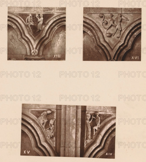 Three woodcarvings in an arcade of Worcester Cathedral, page, photomechanical print, Top left an