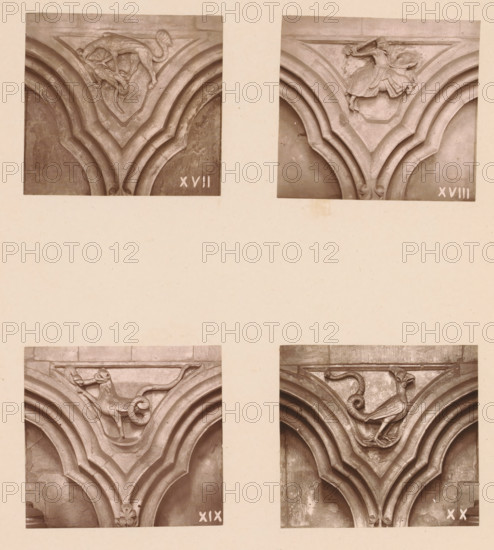 Four woodcarvings in an arcade of Worcester Cathedral, page, photomechanical print, Top left a