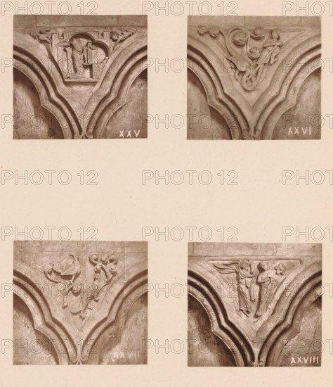 Four woodcarvings in an arcade of Worcester Cathedral, page, photomechanical print, Top left a