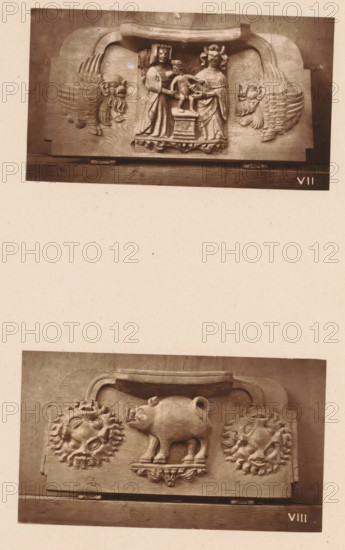 Two woodcarvings in Worcester Cathedral, page, photomechanical print, Above a couple with a nursing