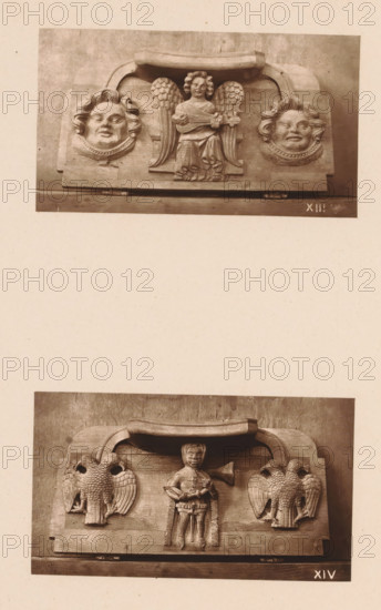 Two woodcarvings in Worcester Cathedral, page, photomechanical print, Above: a musical angel