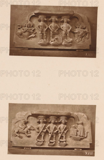 Two carvings in Worcester Cathedral, page, photomechanical print, Above three mowing figures