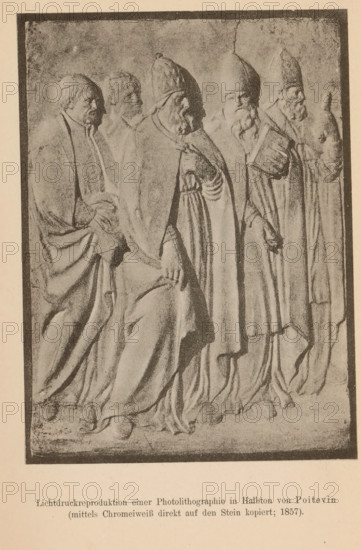 Relief, (presumably) depicting a pope and bishops, page, photomechanical print, inscription: