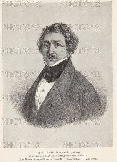 Photo reproduction of a print depicting a portrait of Louis Jacques Daguerre, Louis Jacques