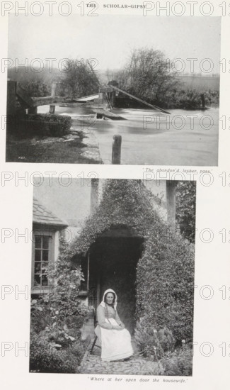 View of a river and an unknown woman in front of a house, page, photomechanical print, inscription: