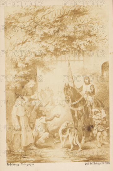 Photo reproduction of a drawing of a knight on a horse in front of a gate with people around him,