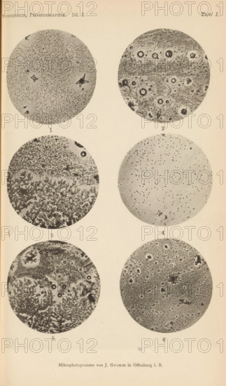 Six microscopic enlargements of minerals, page, photomechanical print, Image 1, 2 and 3 is sulphur,