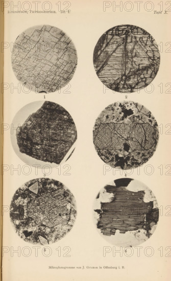 Six microscopic enlargements of minerals, page, photomechanical print, Image 1 is calcite, 2 is