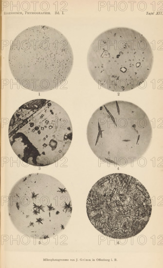 Six microscopic enlargements of minerals, page, photomechanical print, Image 1 is apophyllite, 2 is